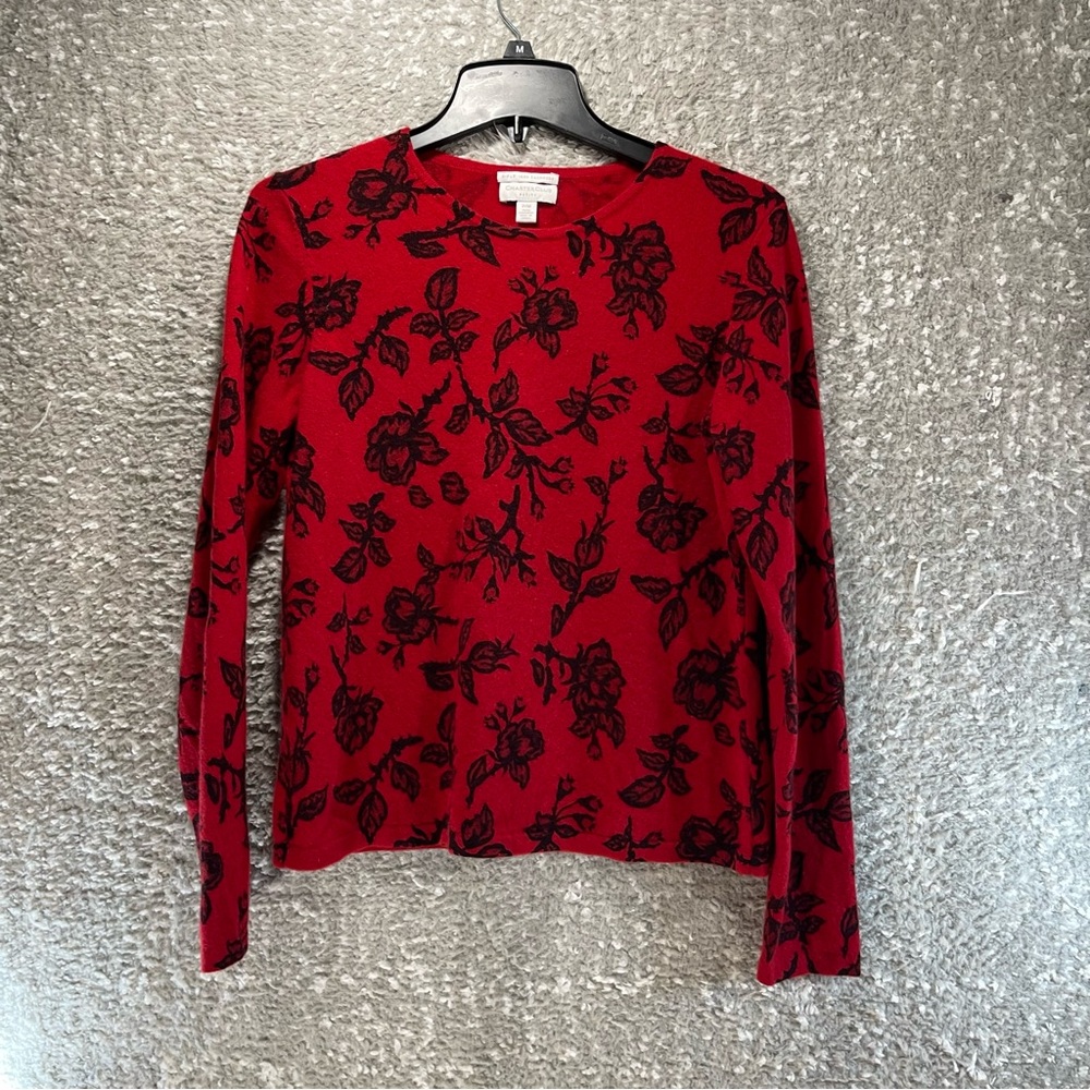 Charter Club 2-Ply Cashmere Sweater Preppy Long Sleeve Roses Print Red Black PM